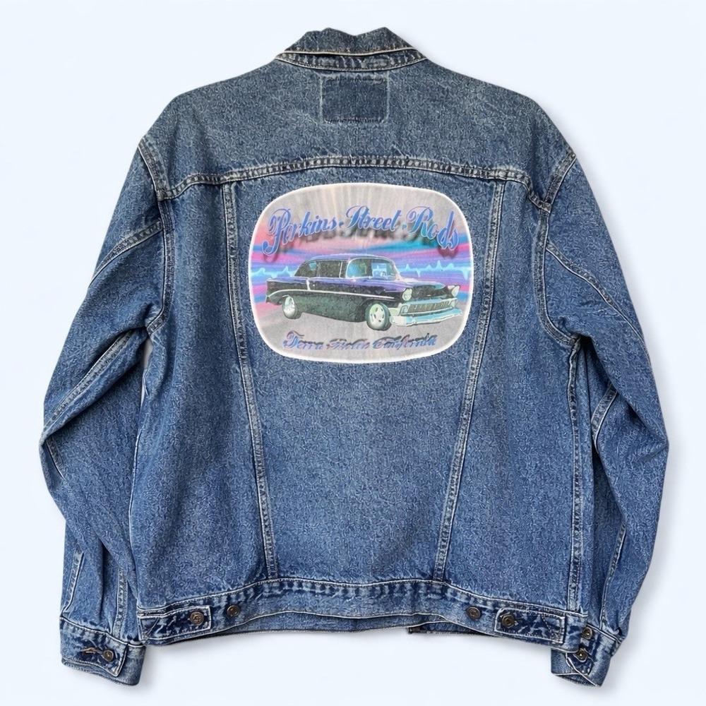 VTG Levi's Denim Trucker Jean Jacket XL Street Rods Graphic Back Terra Bella USA